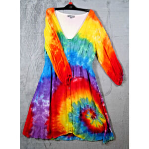 JD Williams Rainbow Tie-Dye Long Sleeve Button Dress XL Boho